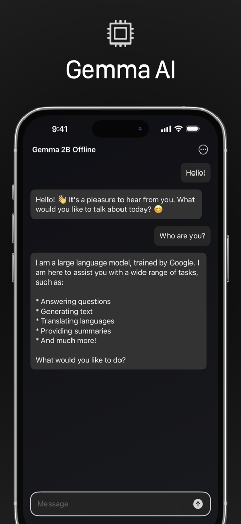 Gemma 2B AI Chat - Offline LLM - Gemma 2B AI Chat interface showing an offline conversation with a large language model on an iPhone.