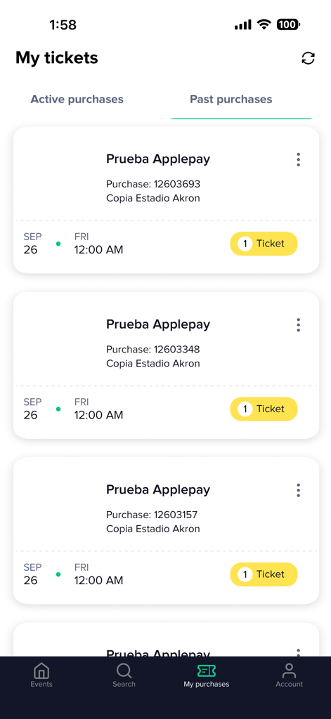 Boletomóvil - View of past ticket purchases in the My Tickets section of the Boletomovil app