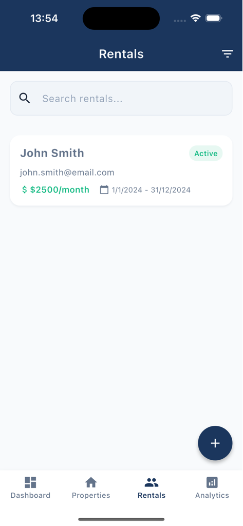 Bildschirmansicht auf dem Handy, die eine aktive Vermietung für John Smith mit monatlicher Miete und Mietzeitraum in der Neat Bill App zeigt