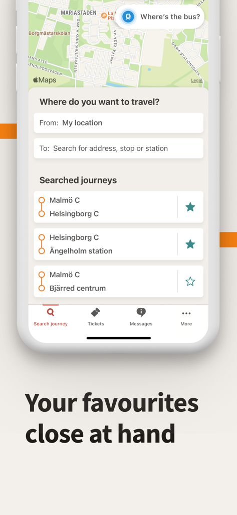 Skånetrafiken - Mobile screen of the Skanetrafiken app showing the journey search interface with a map and favorite routes