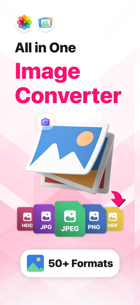 Image Converter • JPG to PDF - App-Oberfläche des Bildkonverters, die die Unterstützung für über fünfzig Fotoformate anzeigt