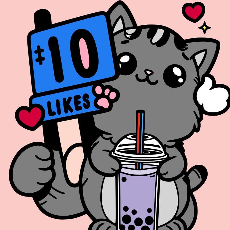 cat drinking a boba and a sign saying 10 likes