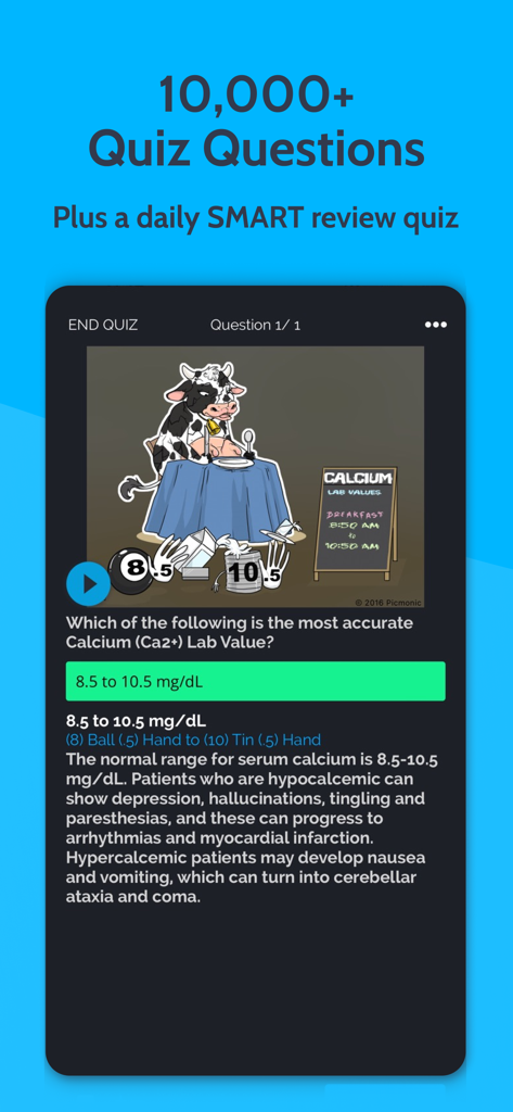 Picmonic Medical School Study - Medical school quiz interface featuring a visual mnemonic for calcium lab values