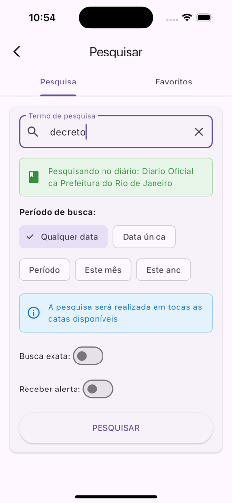 Search interface of the Diario Oficial PCRJ app showing filters for decrees and dates