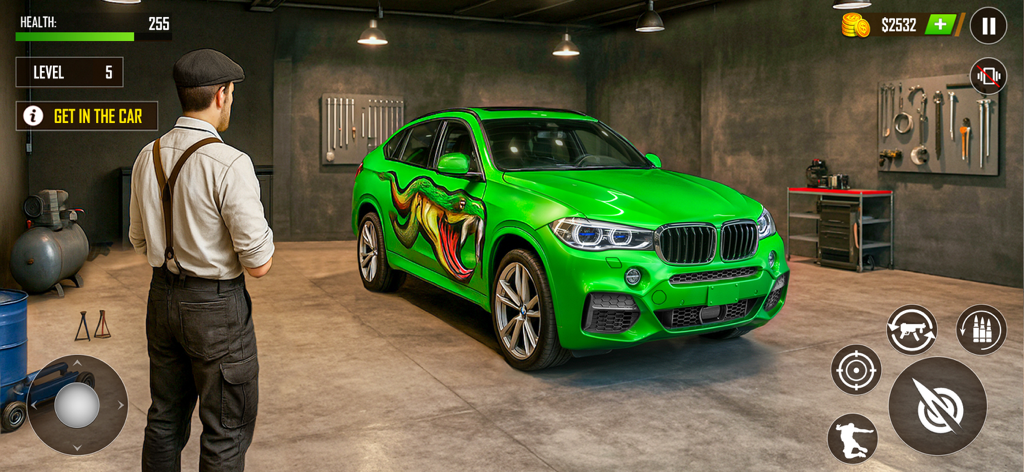 Jail Break Prison Escape Game - Character standing in a garage next to a custom green luxury SUV with a snake graphic