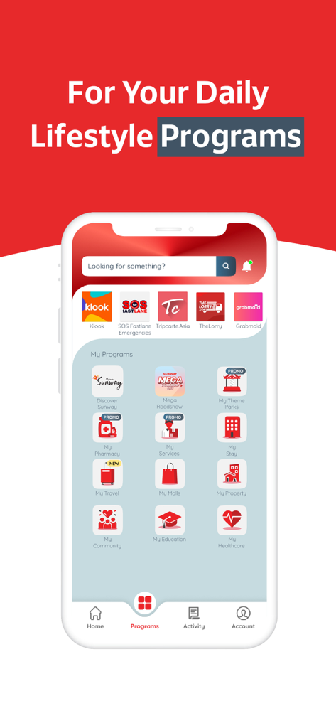 Sunway Super App - A smartphone displaying the Sunway Super App interface with various daily lifestyle programs and services