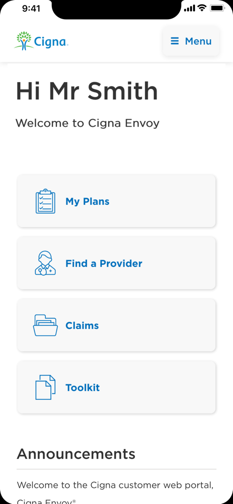 Cigna Envoy app dashboard showing My Plans, Find a Provider, and Claims features