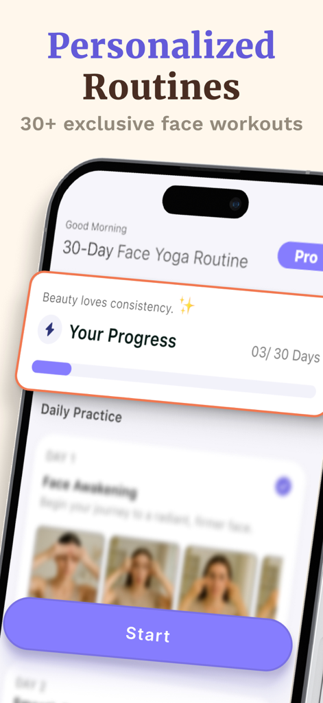 Yoga Facial Face Yoga Exercise - A smartphone screen displaying a personalized 30-day face yoga routine with progress tracking and workout previews