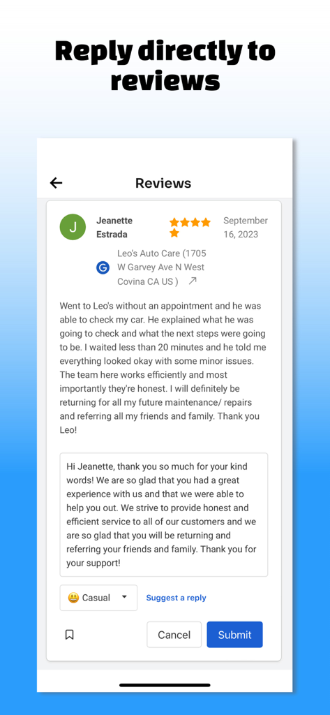 OneUp: Social Media Scheduler - Screenshot of OneUp app showing a direct reply to a Google Business review with a suggested response option