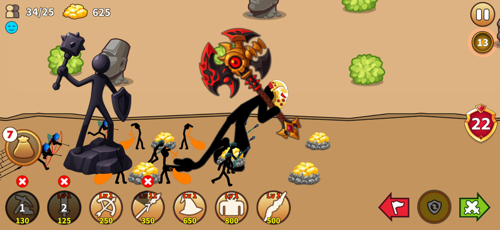Stick Giant: Infinite Kingdom - A gameplay screen showing stickman units mining gold and a giant warrior with a massive axe in Stick Giant Infinite Kingdom