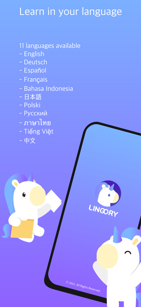 Lingory - A list of eleven languages available to learn Korean on the Lingory app