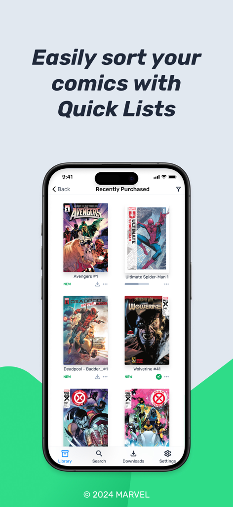 VeVe Comics Reader - Colección de cómics digitales en la aplicación VeVe Comics con títulos de Marvel como Avengers y Spider-Man.