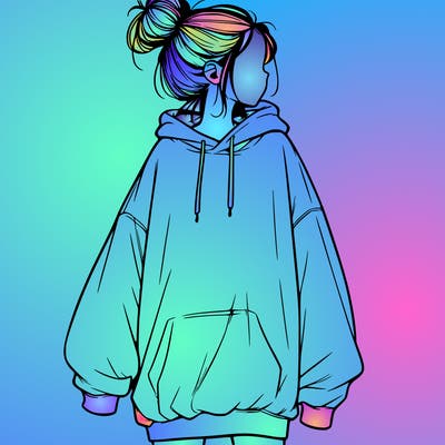 realistic girl with a oversized sweatshirt on and a bun