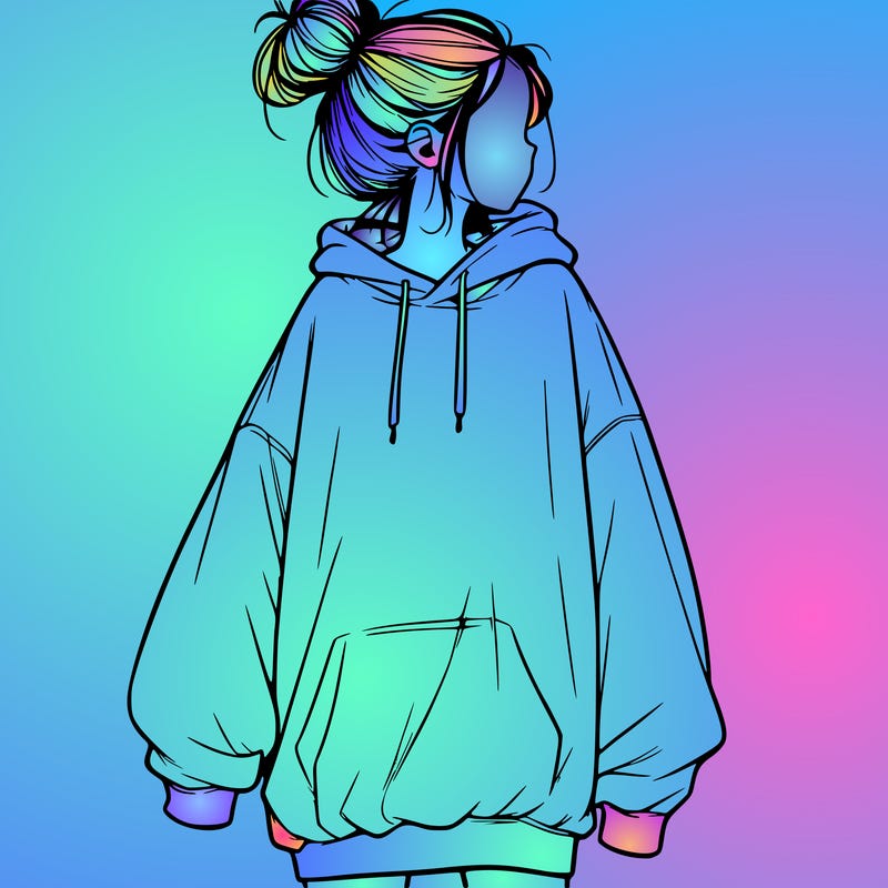 realistic girl with a oversized sweatshirt on and a bun