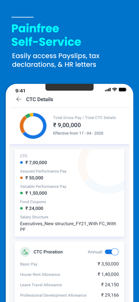 Darwinbox mobile app interface showing employee CTC details and compensation breakdown