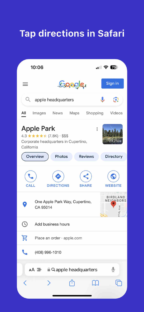resultado de búsqueda de google para la sede de apple en el navegador safari con el botón de direcciones