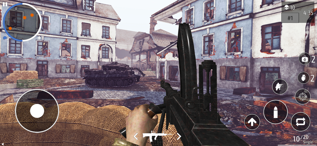 World War 2 - Shooter - First person perspective of WWII combat with a machine gun and a tank in a destroyed city