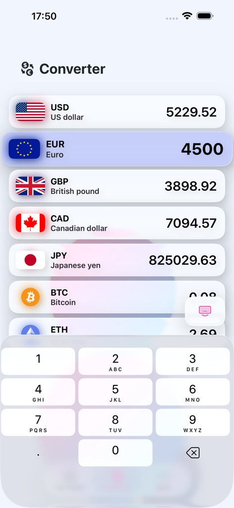 Smart Currency Converter - Pantalla de la aplicación Smart Currency Converter mostrando tasas de conversión de fiat y criptomonedas con un teclado numérico