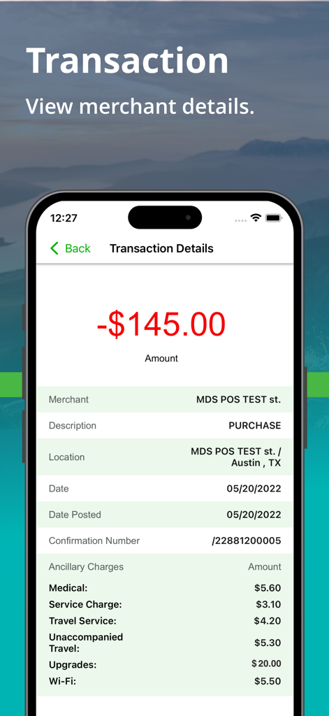 Pantalla de la aplicación móvil Way2Go Card mostrando el historial detallado de transacciones, incluyendo la ubicación del comerciante y los cargos por servicios auxiliares.