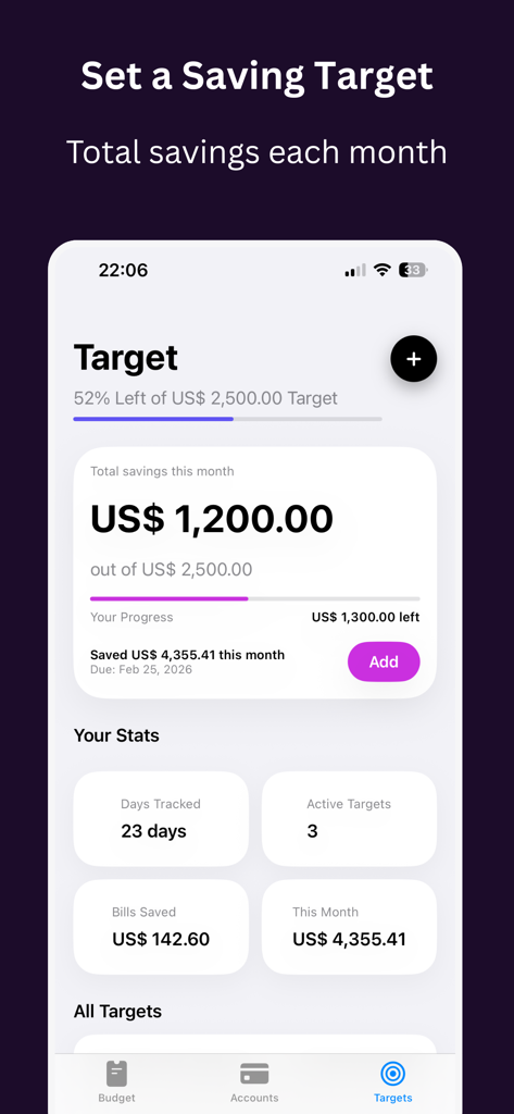 Pocket - Budget Tracker - Pocket app interface showing savings target progress and monthly financial statistics.