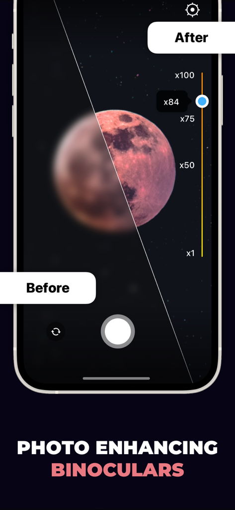 Comparación antes y después de una foto borrosa de la luna frente a una imagen nítida mejorada con un aumento de zoom de 84x.