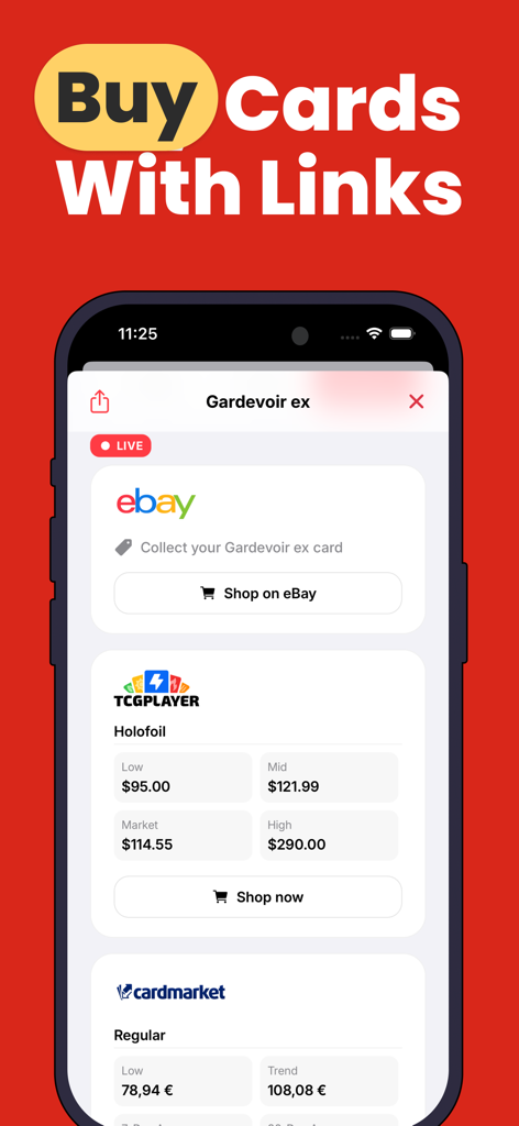 Cardex: Card Value Scanner - Cardex app interface displaying market prices and shopping links for trading cards