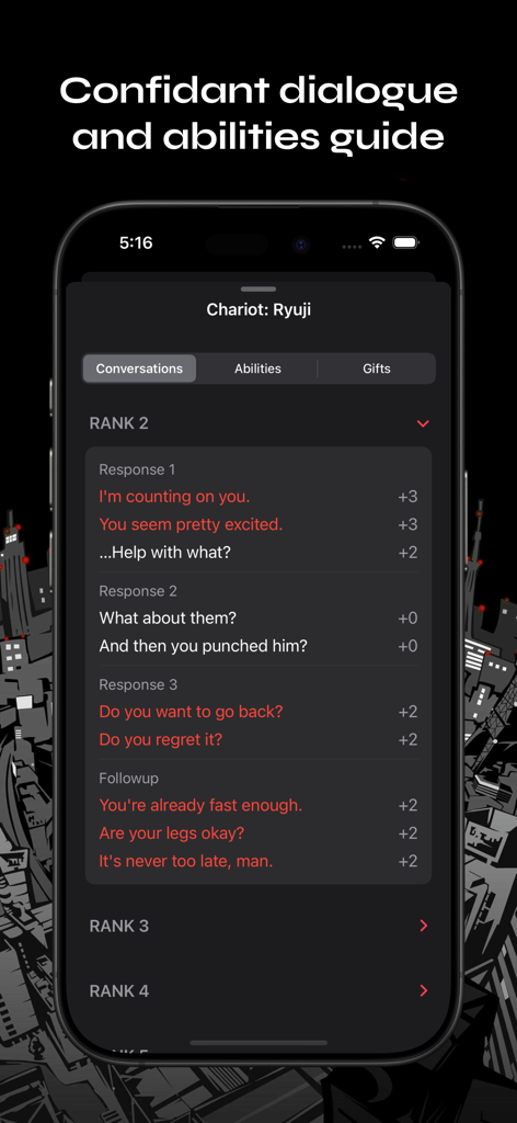 P5R Guide - P5R Guide app screen showing Ryuji Sakamoto confidant dialogue choices and affinity points.
