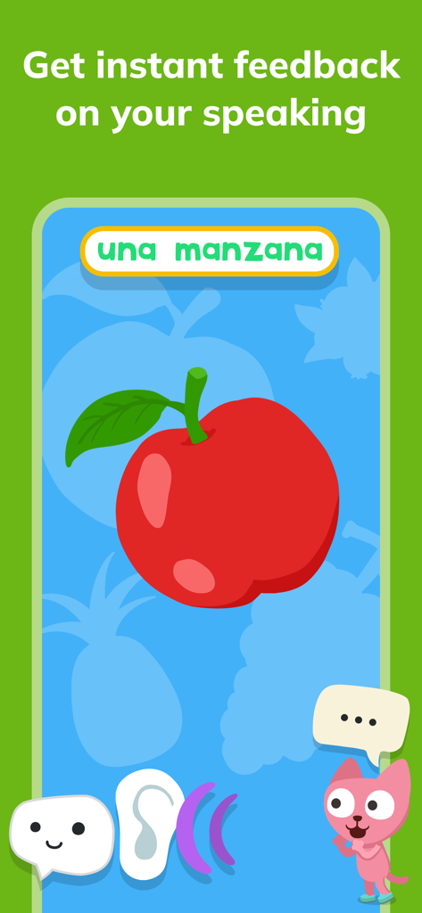 Uma tela do aplicativo Studycat mostrando uma maçã e a frase em espanhol una manzana para ajudar as crianças a praticar a fala com feedback instantâneo.