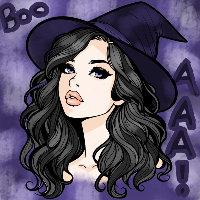 realistic witch girl with wavy hair and lips