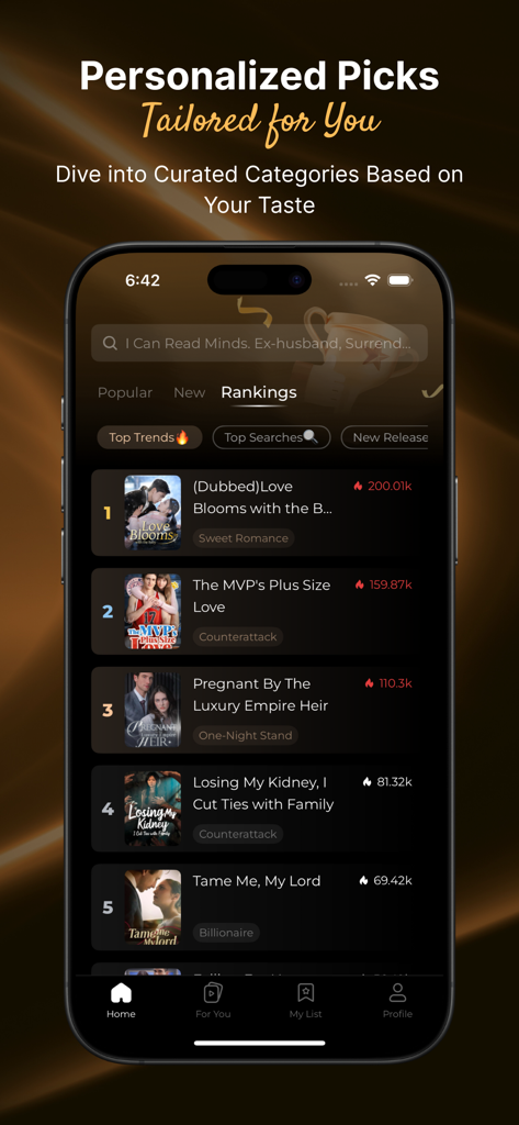 Soda TV - Short Dramas & Reels - Soda TV app showing a ranked list of trending short dramas and personalized recommendations