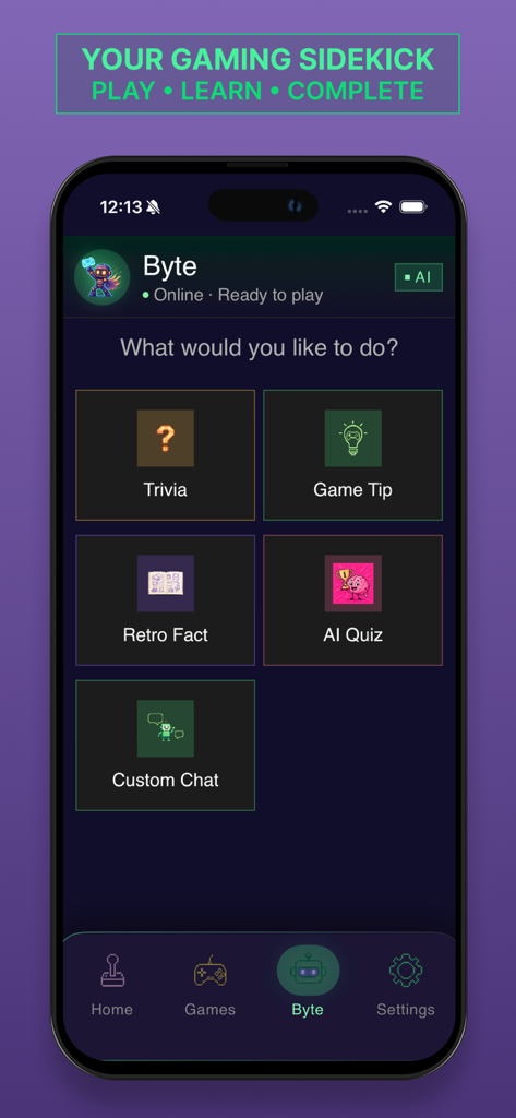 Captura de pantalla de la interfaz del compañero de IA para juegos Byte en la aplicación Vita Core Station que muestra opciones para consejos de trivia y datos retro