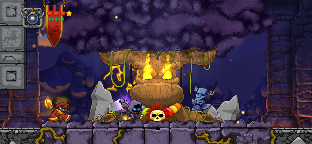 Magic Rampage - Jugabilidad de plataformas de acción en Magic Rampage con una batalla contra un jefe en una mazmorra oscura