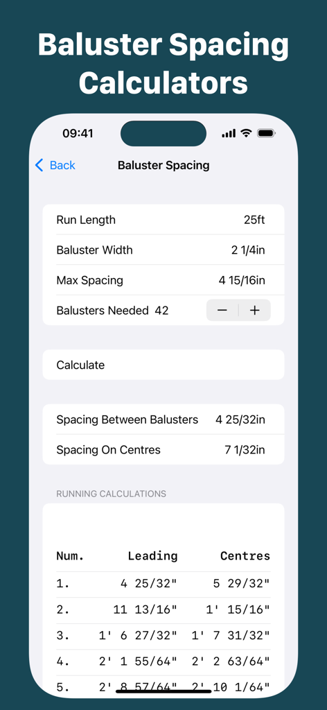 Chippy Tools: Construction - Chippy Tools app interface showing a baluster spacing calculator for carpentry and construction projects