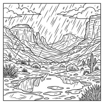 Discover the unexpected beauty of a desert valley during a refreshing rainy day with this captivating coloring page. Dive into an artistic journey where arid landscapes meet atmospheric downpours, perfect for a unique coloring experience.