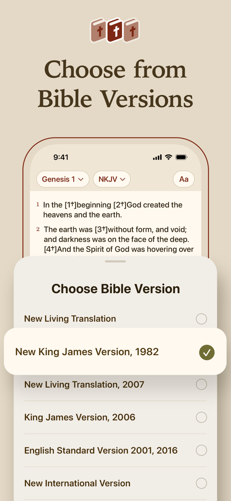 Faith Mentor - AI Bible Chat - Selection screen for different Bible versions in the Faith Mentor app.