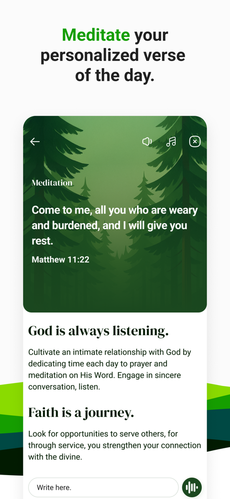 A personalized daily Bible verse meditation interface with a calming forest background and Matthew 11:22 scripture text.