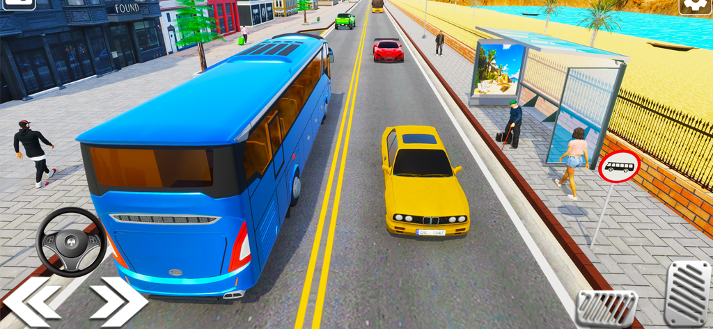 Bus Games - City Bus Simulator - Un autocar azul conduciendo por una calle de la ciudad cerca de una parada de autobús en un juego de simulación móvil.