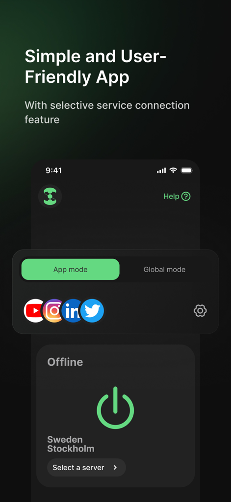 SHIVA: Safe, Fast, Private - Interfaz de Shiva VPN que muestra el modo de aplicación y las funciones de conexión selectiva