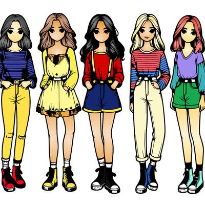 six realistic girls in casual clothes