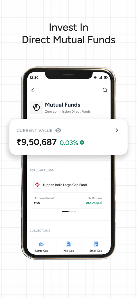 1% Club - 1 percent club app screen for direct mutual funds investment showing portfolio value and fund collections