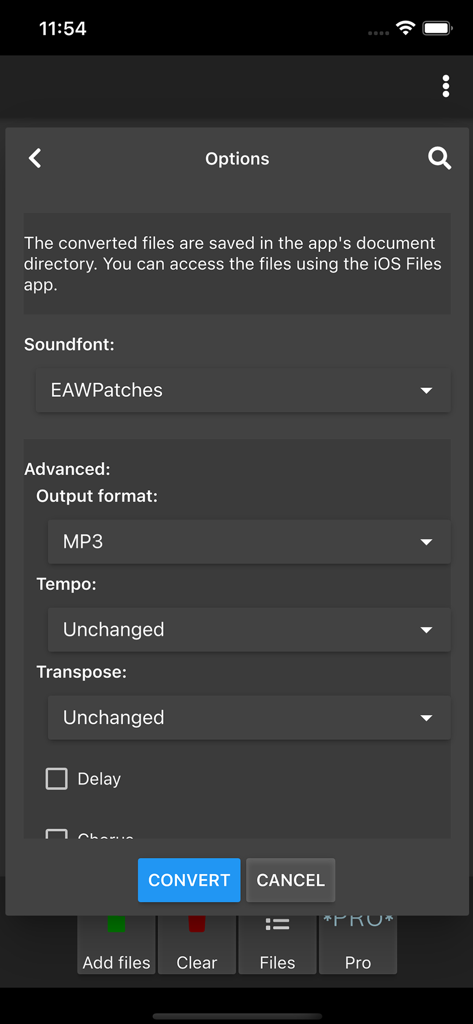 MIDIコンバーターアプリのインターフェース。サウンドフォント選択とオーディオフォーマット変換のオプションが表示されています。