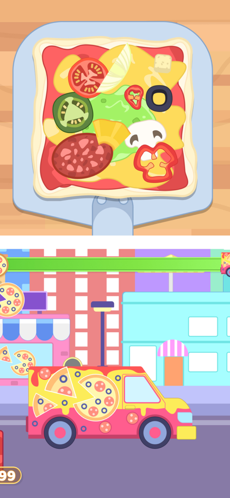 Smart Kids: Learning Games - A split screen showing a cartoon pizza being prepared with various toppings and a colorful pizza delivery truck in a city