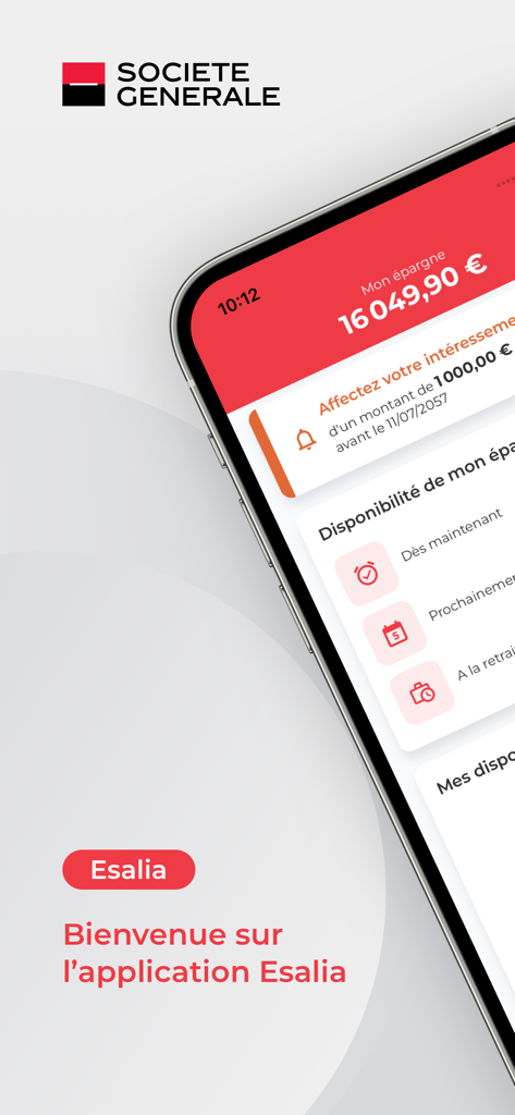 L'Appli ESALIA - Esalia mobile app by Societe Generale showing savings account balance and availability overview