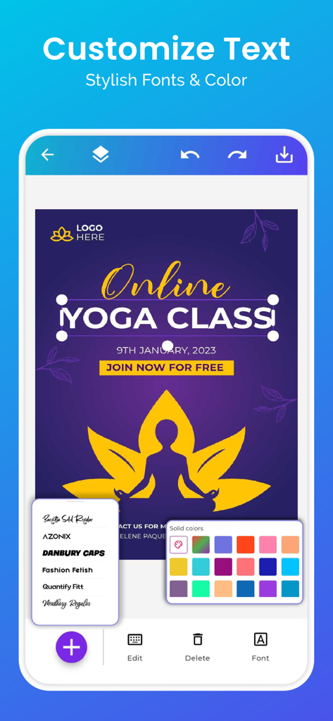 Interface do aplicativo Criador de Cartazes mostrando personalização de fonte e cor para um folheto de aula de yoga online.