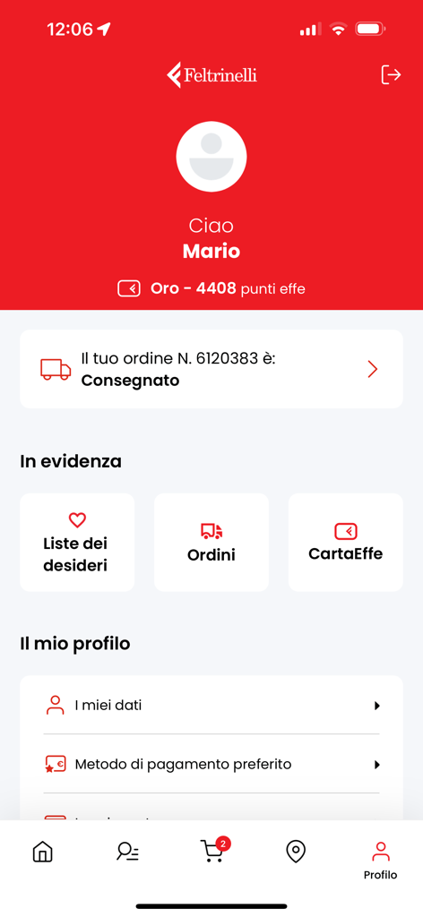 Feltrinelliアプリのユーザープロフィールページ。ロイヤリティポイントと注文履歴が表示されています。