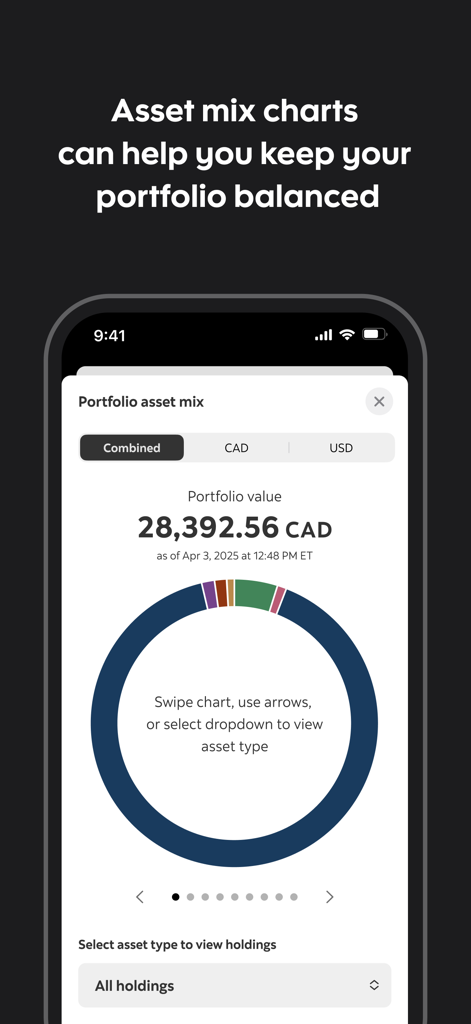 Scotia iTRADE mobile - Scotia iTRADE mobile app showing a portfolio asset mix donut chart with balance information.