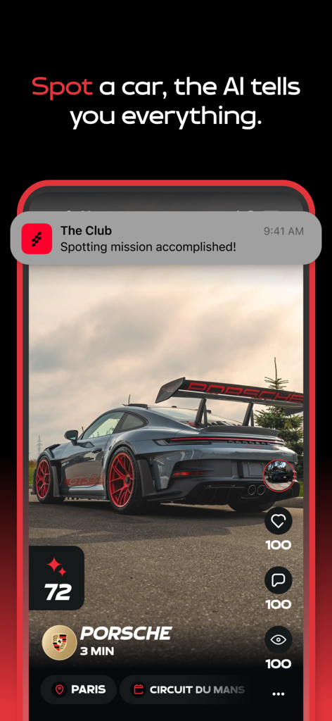 The Club (Carspotting app) - The Club app interface showing a Porsche car spotting mission accomplished with AI recognition