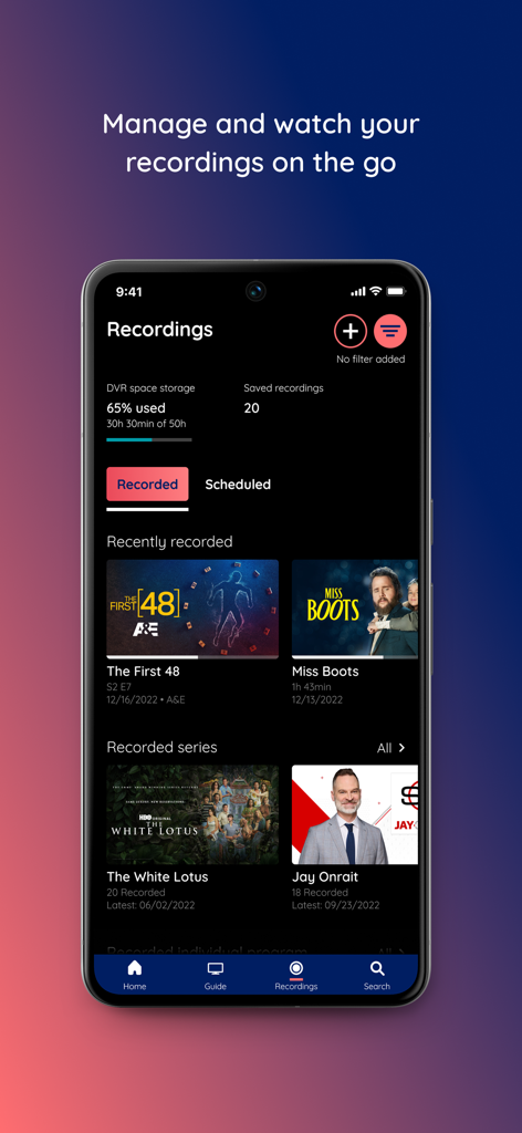 Cogeco EPICO - Cogeco EPICO mobile app screen showing TV show recordings and DVR storage usage