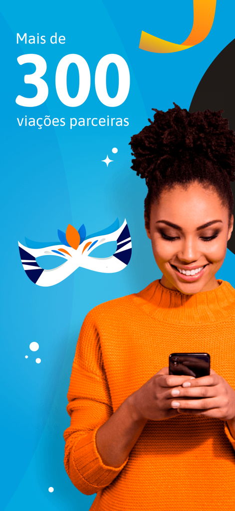 Buson: Passagens de ônibus - Woman using smartphone with text showing over 300 bus company partners