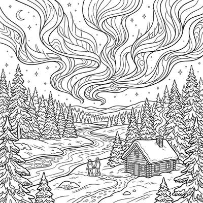 Immerse yourself in the breathtaking beauty of the Aurora Borealis illuminating a serene winter landscape. This captivating coloring page brings the magic of the northern lights and a cozy snowy scene to life.